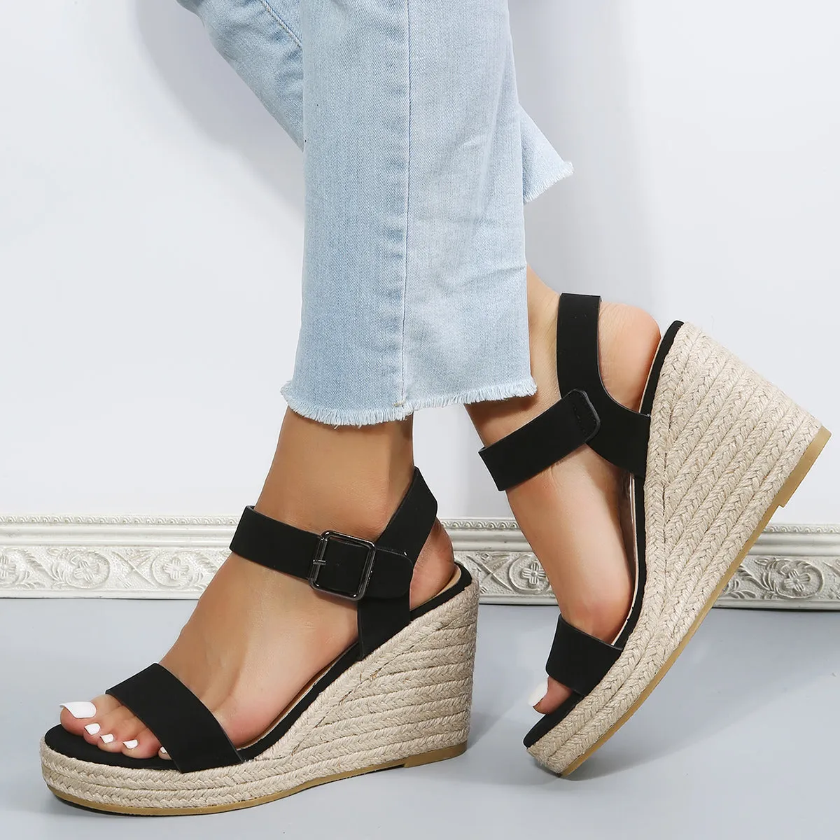 Sohiwoo Women Black Platform Espadrille Wedges Open Toe Buckle Strap Sandals