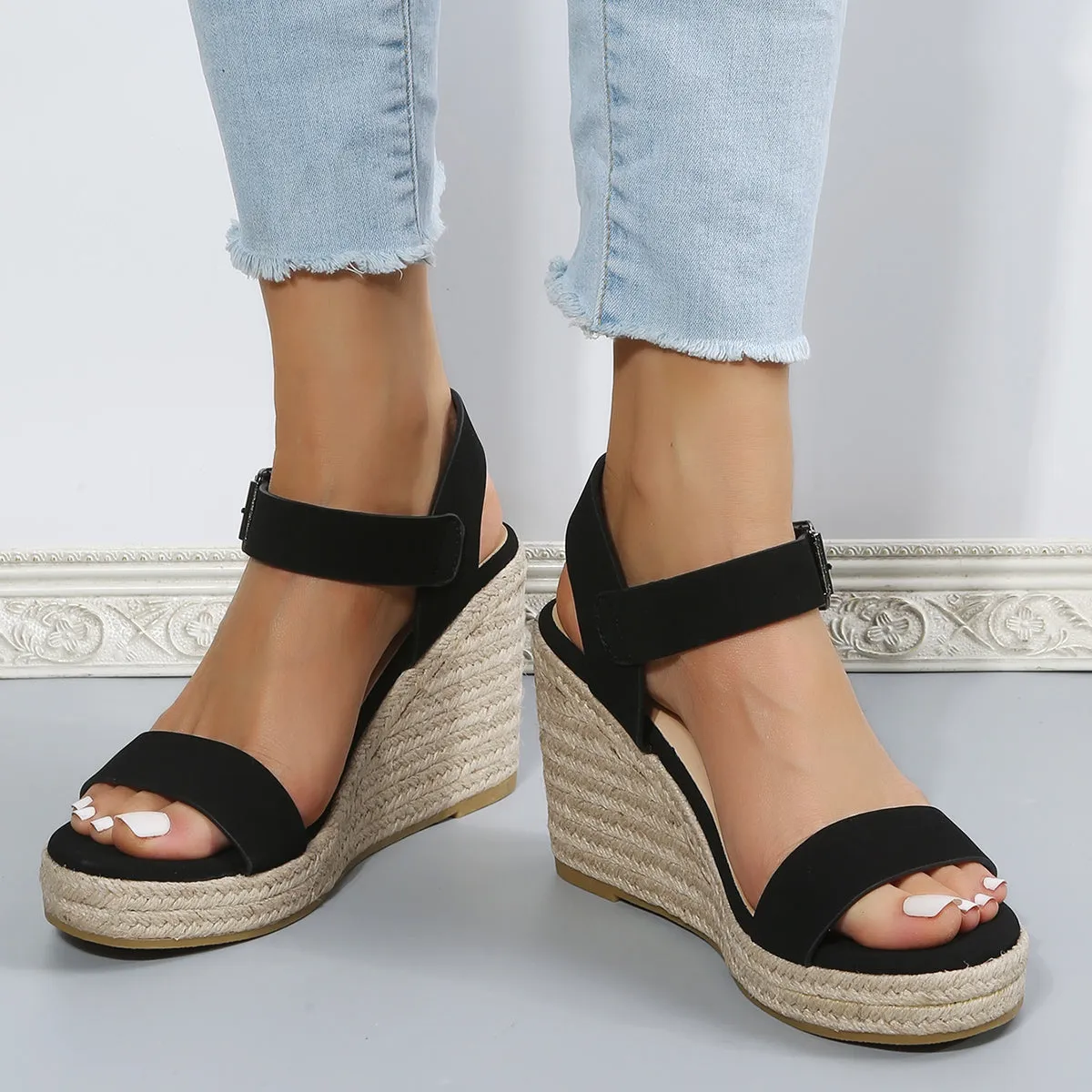 Sohiwoo Women Black Platform Espadrille Wedges Open Toe Buckle Strap Sandals