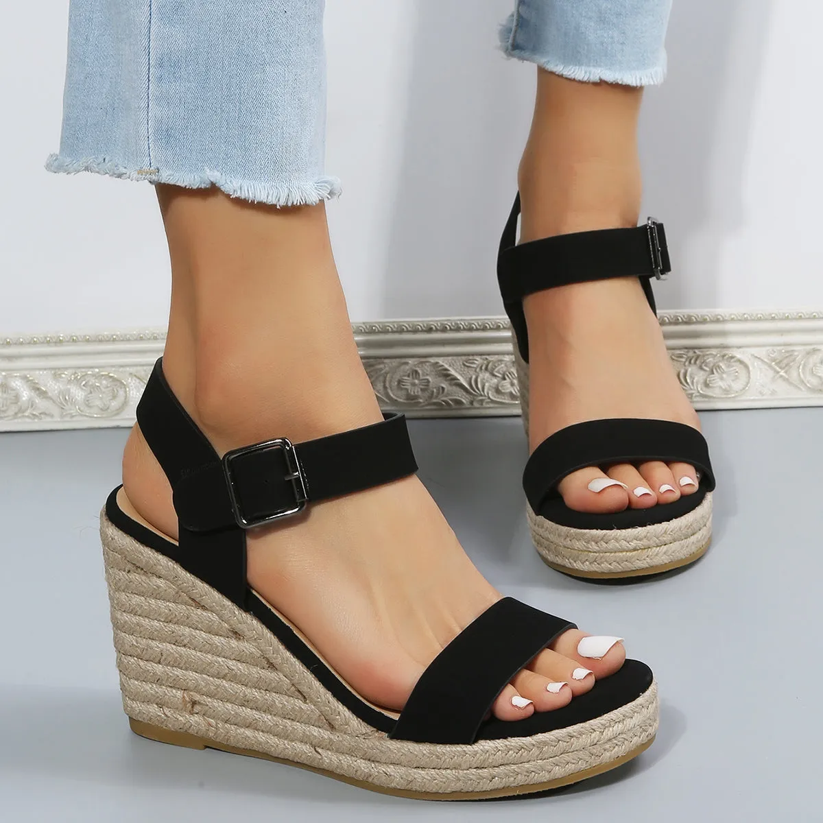 Sohiwoo Women Black Platform Espadrille Wedges Open Toe Buckle Strap Sandals