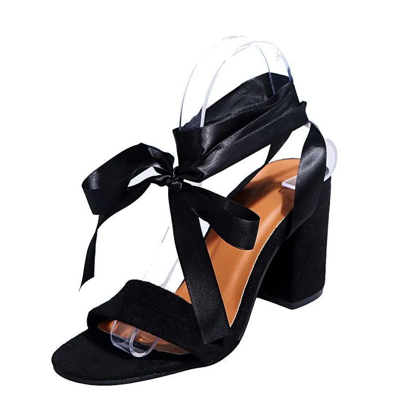 Women peep toe chunky high heel lace up strappy sandals