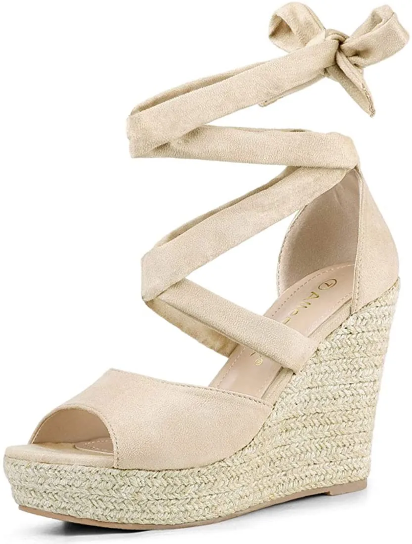 Women's Beige Lace Up Espadrilles Wedge Sandals