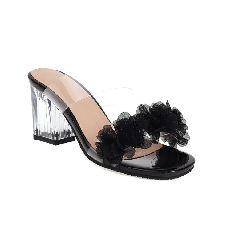 Women's Candy Color Pleated Flora Transparent Crystal Block Heel Slides Sandals