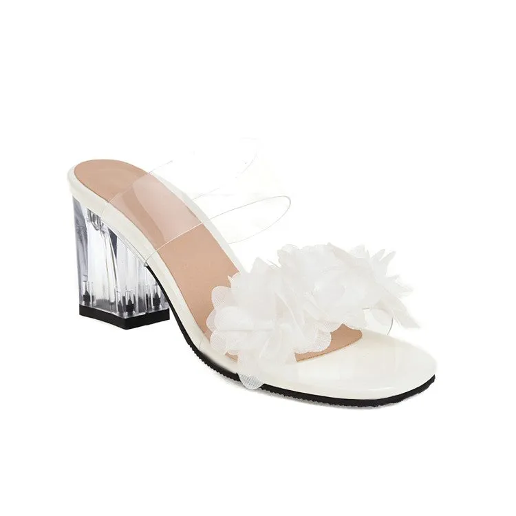 Women's Candy Color Pleated Flora Transparent Crystal Block Heel Slides Sandals