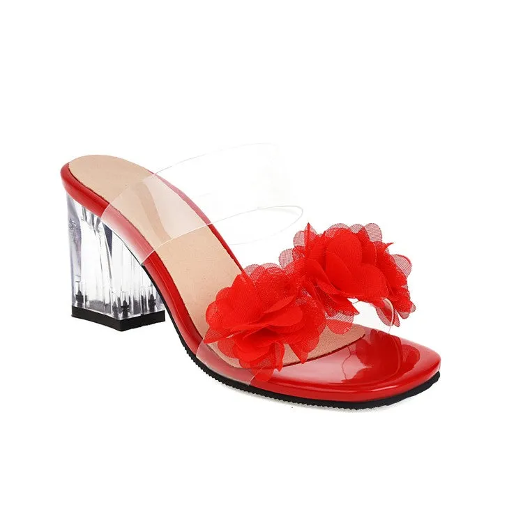 Women's Candy Color Pleated Flora Transparent Crystal Block Heel Slides Sandals