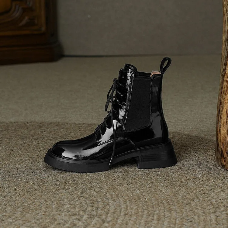 Women's Patent Leather Round Toe Boots